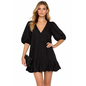 NWOT Rhode V-Neck Mini Costal Dress Black Cotton Puff Sleeve Ruffle Hem S New